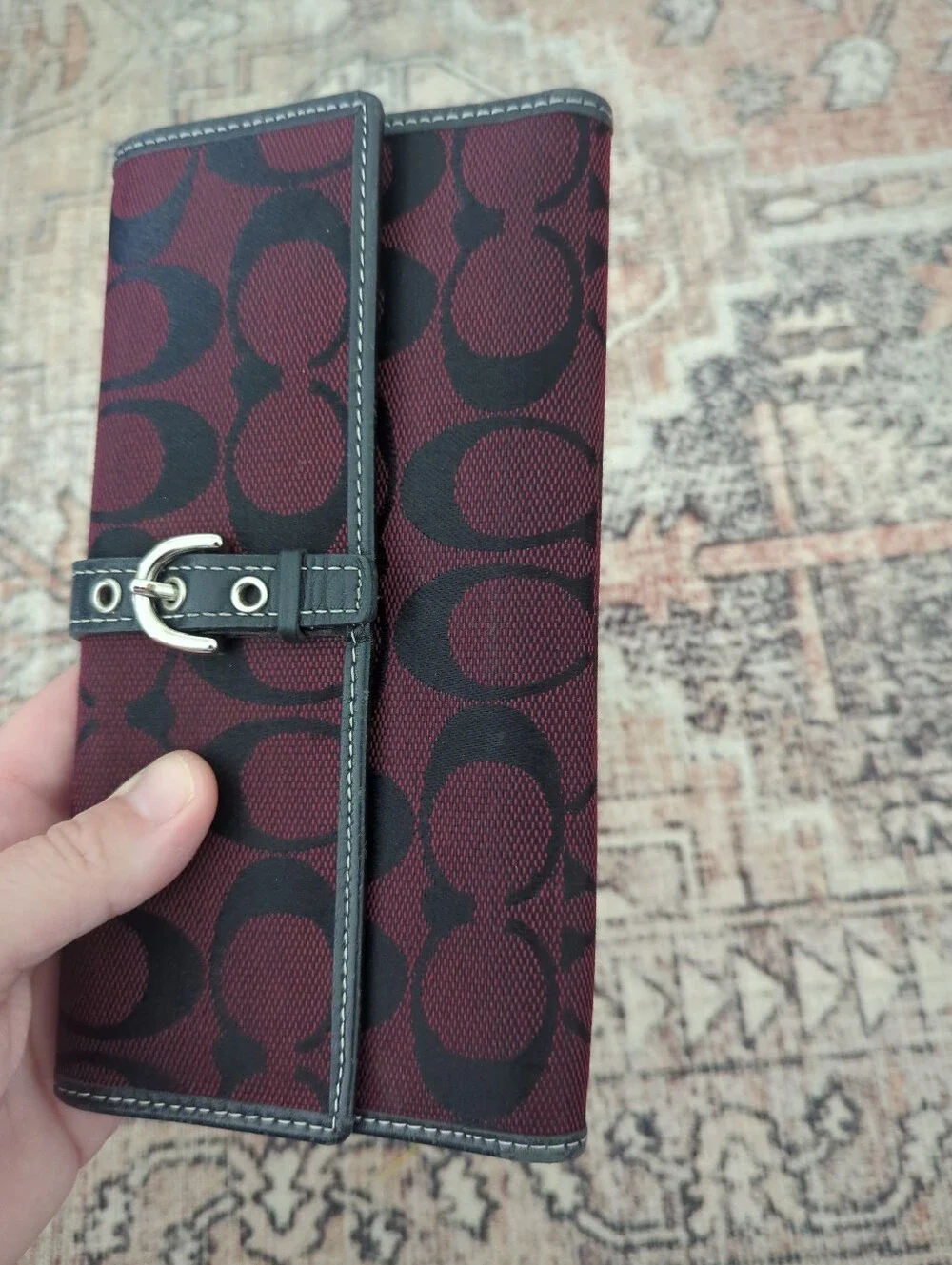 vintage Coach Soho long wallet burgundy Black Monogram Canvas Leather Interior